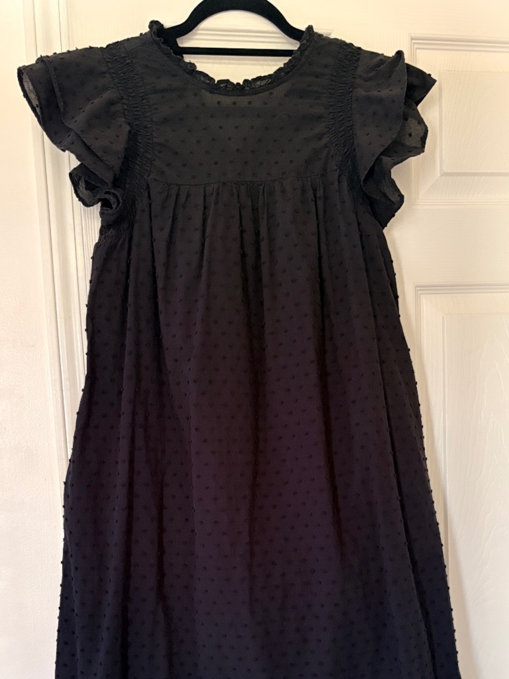 Who What Wear Cotton Black Ruffle Sleeve Swiss polka Dot Dress.